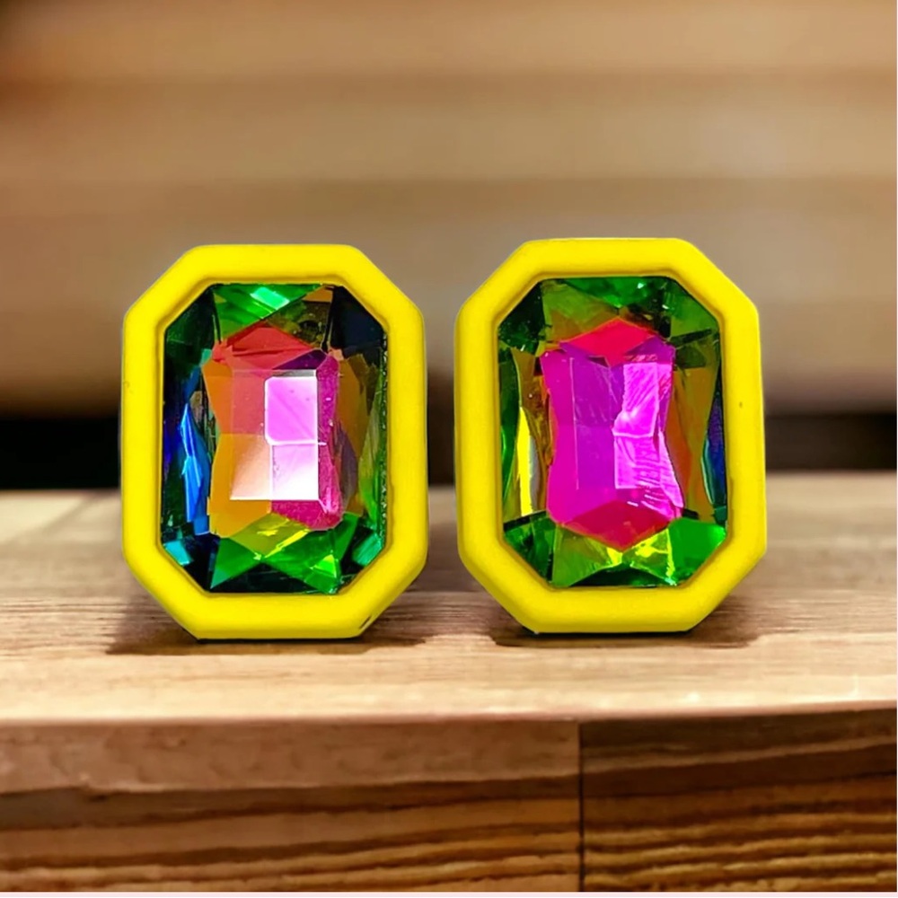 NWT Yellow Square Rhinestone Statement Earrings